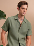 Locomotive Men Green Dobby Textured Cuban Collar Relaxed Shirt - Green - Image 1