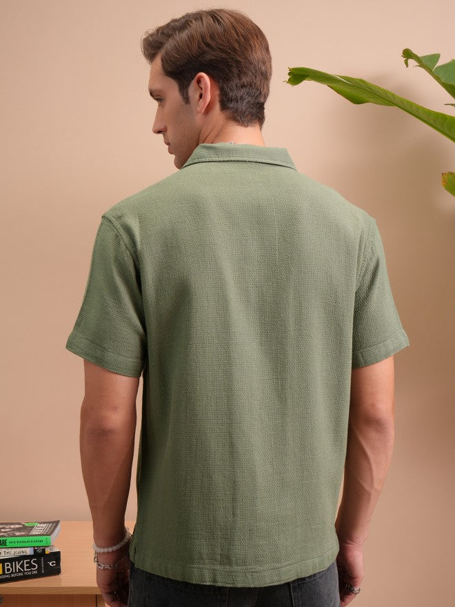 Locomotive Men Green Dobby Textured Cuban Collar Relaxed Shirt - Green - Image 3