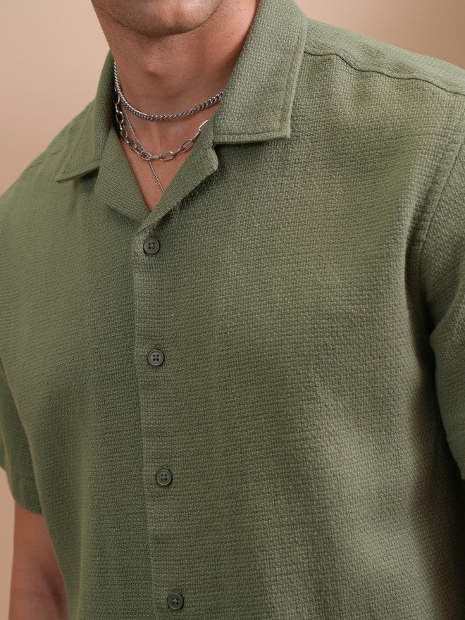 Locomotive Men Green Dobby Textured Cuban Collar Relaxed Shirt - Green - Image 5