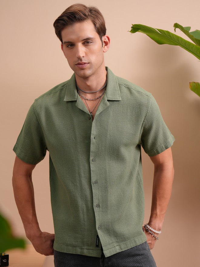 Locomotive Men Green Dobby Textured Cuban Collar Relaxed Shirt - Green - Image 8
