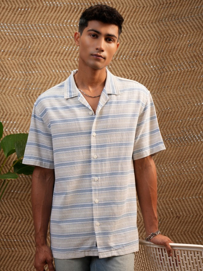 Locomotive Premium Men Cream Dobby Textured Striped Cuban Collar Relaxed Shirt - Cream - Image 1