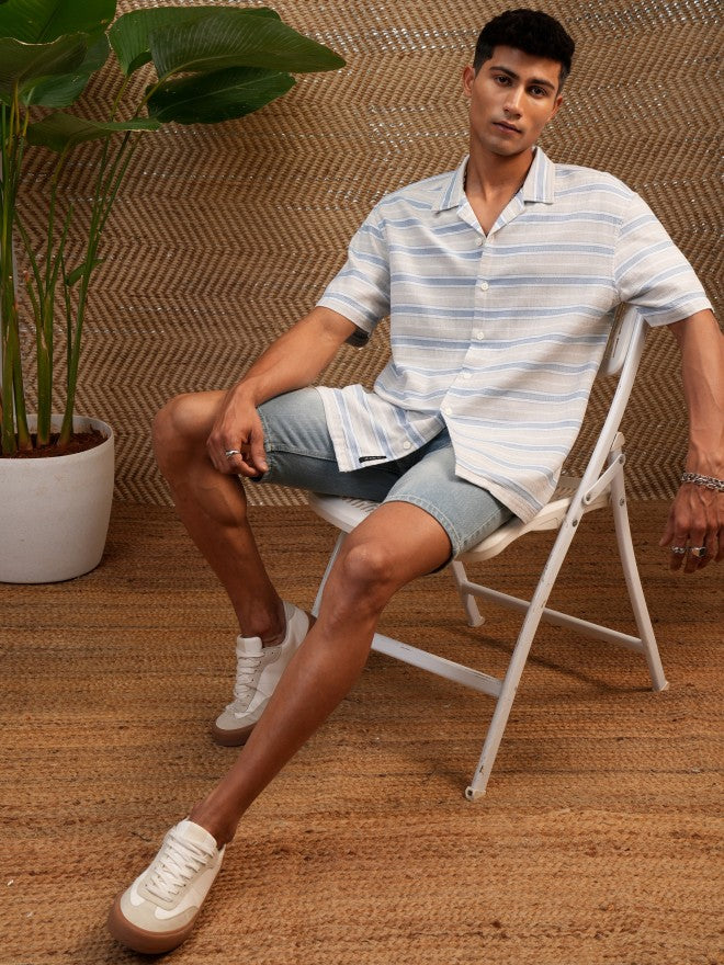 Locomotive Premium Men Cream Dobby Textured Striped Cuban Collar Relaxed Shirt - Cream - Image 2