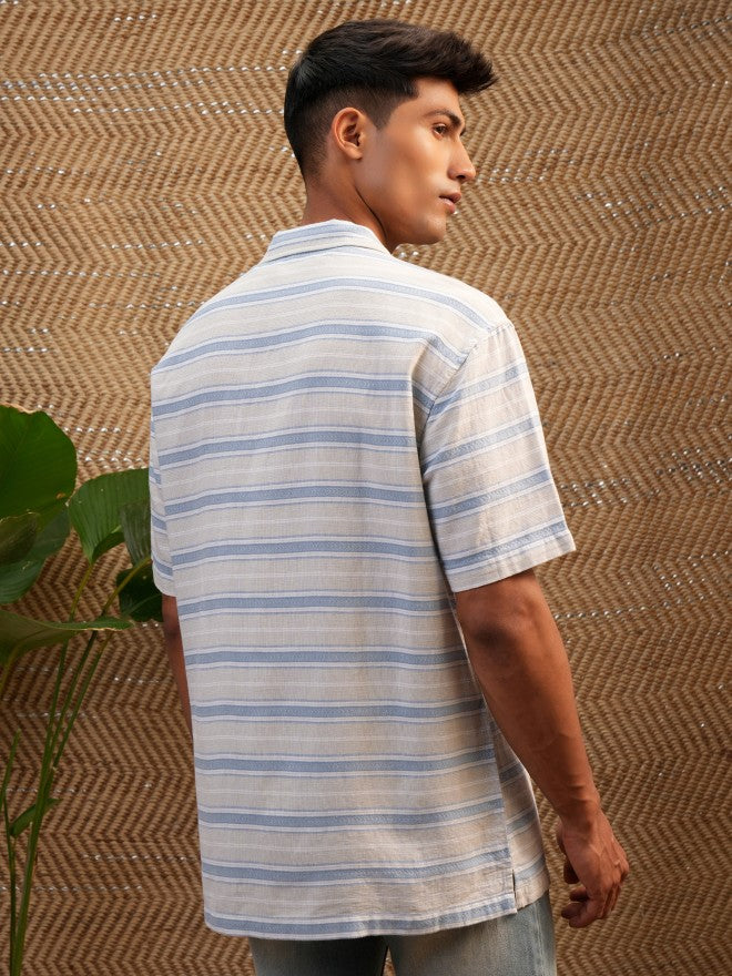 Locomotive Premium Men Cream Dobby Textured Striped Cuban Collar Relaxed Shirt - Cream - Image 3