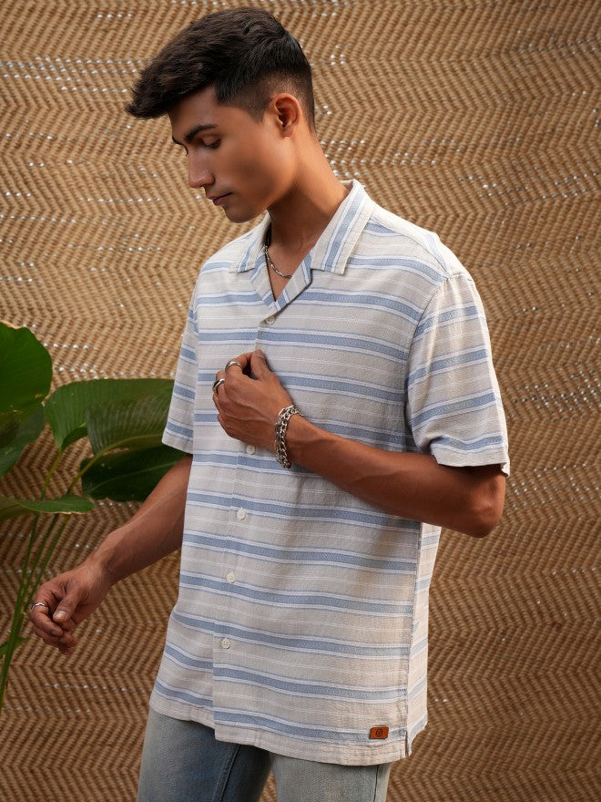 Locomotive Premium Men Cream Dobby Textured Striped Cuban Collar Relaxed Shirt - Cream - Image 4
