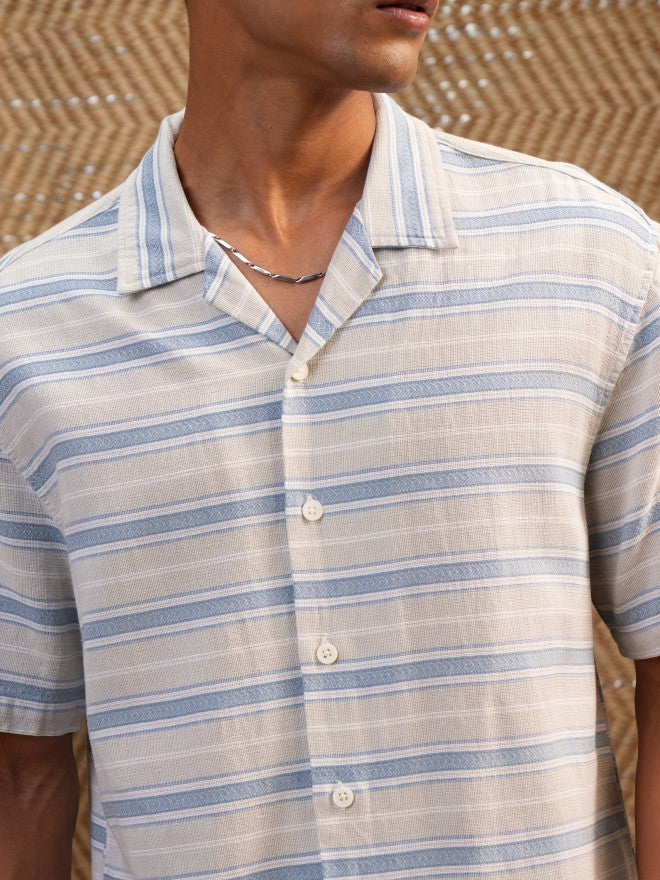 Locomotive Premium Men Cream Dobby Textured Striped Cuban Collar Relaxed Shirt - Cream - Image 5