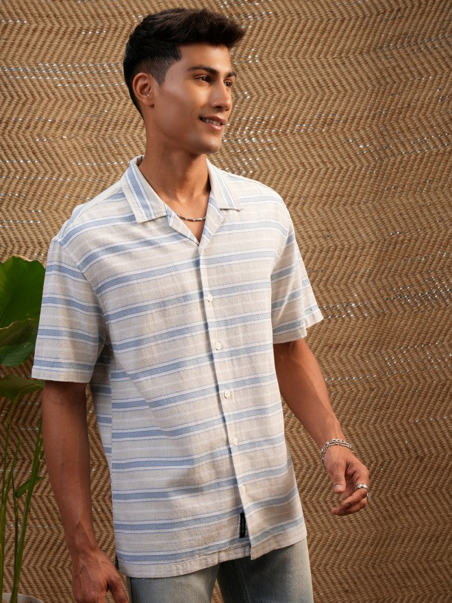Locomotive Premium Men Cream Dobby Textured Striped Cuban Collar Relaxed Shirt - Cream - Image 6