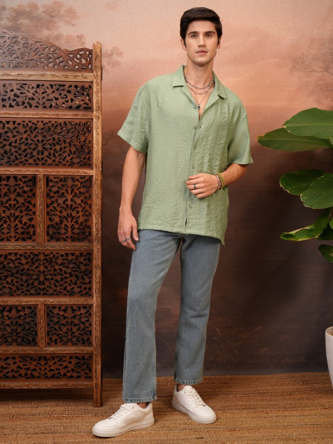 Locomotive Men Green Self Design Relaxed Fit Casual Shirt - Green - Image 2
