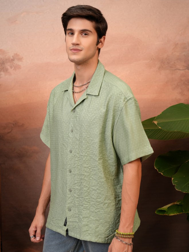 Locomotive Men Green Self Design Relaxed Fit Casual Shirt - Green - Image 4