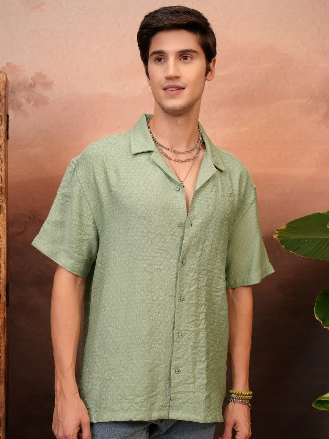 Locomotive Men Green Self Design Relaxed Fit Casual Shirt - Green - Image 6
