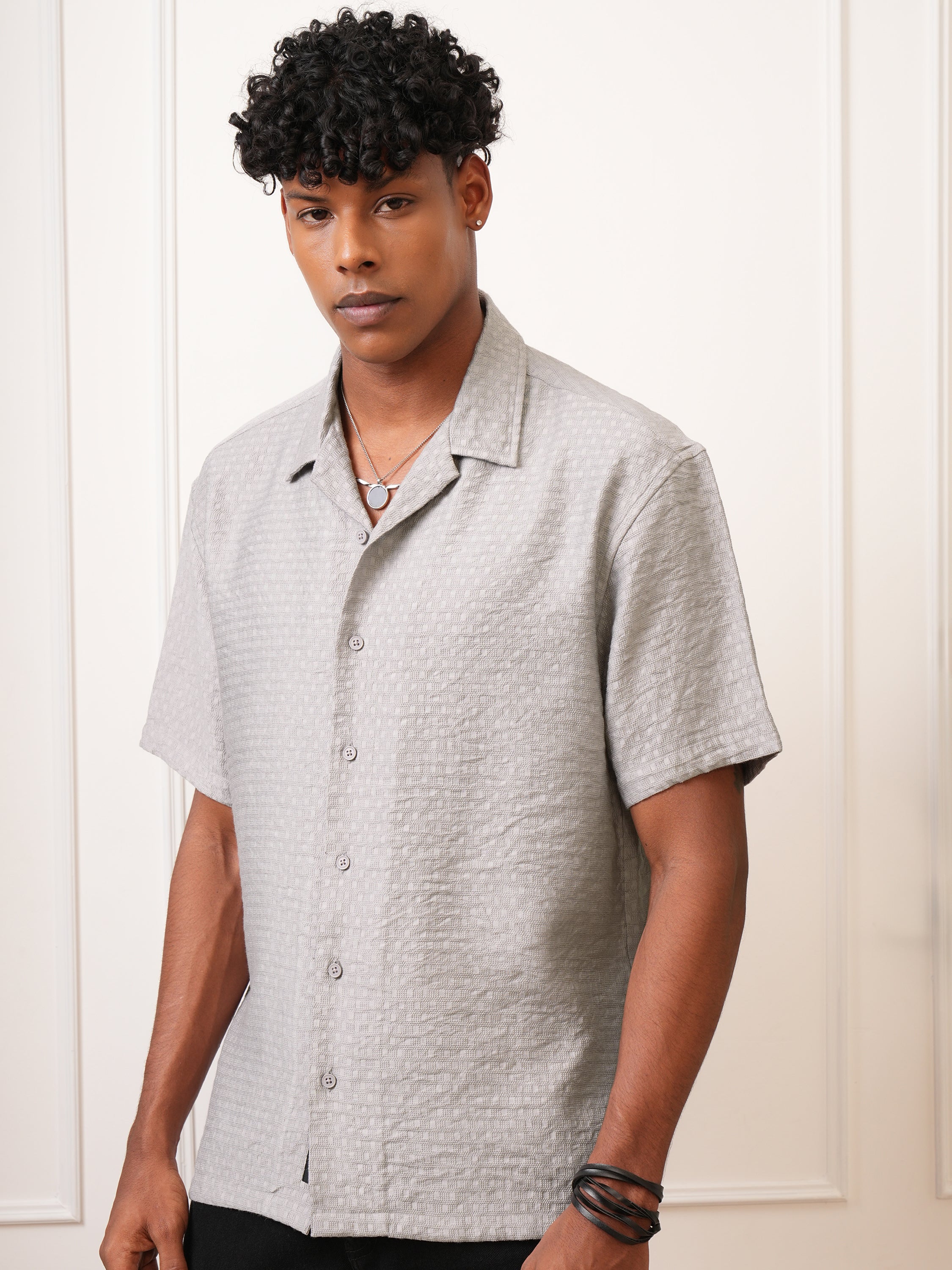 Locomotive Men Grey Self Design Regular Fit Casual Shirt - Grey - Image 4