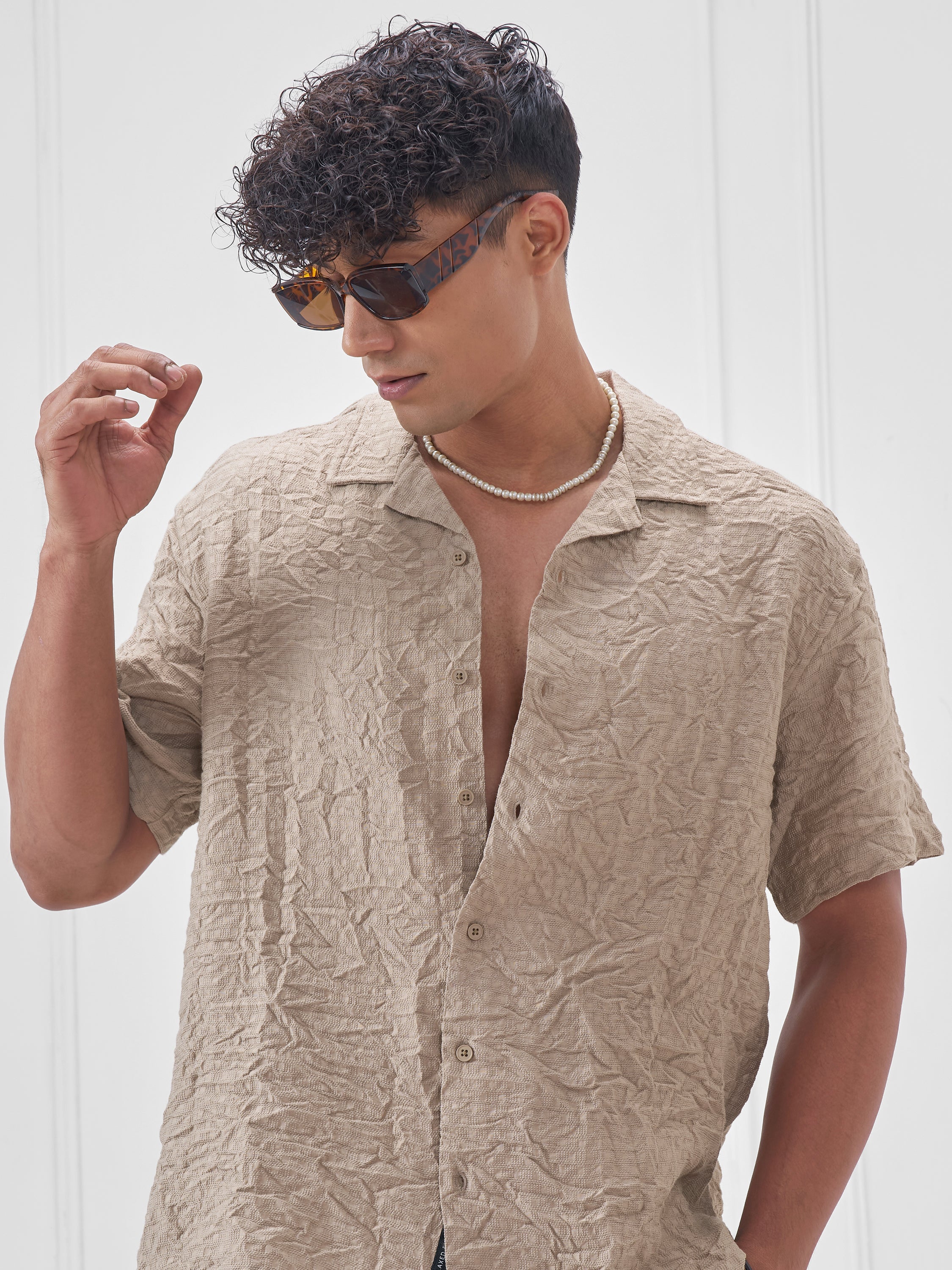 Locomotive Men Beige Crushed Relaxed Fit Casual Shirt - Beige - Image 1