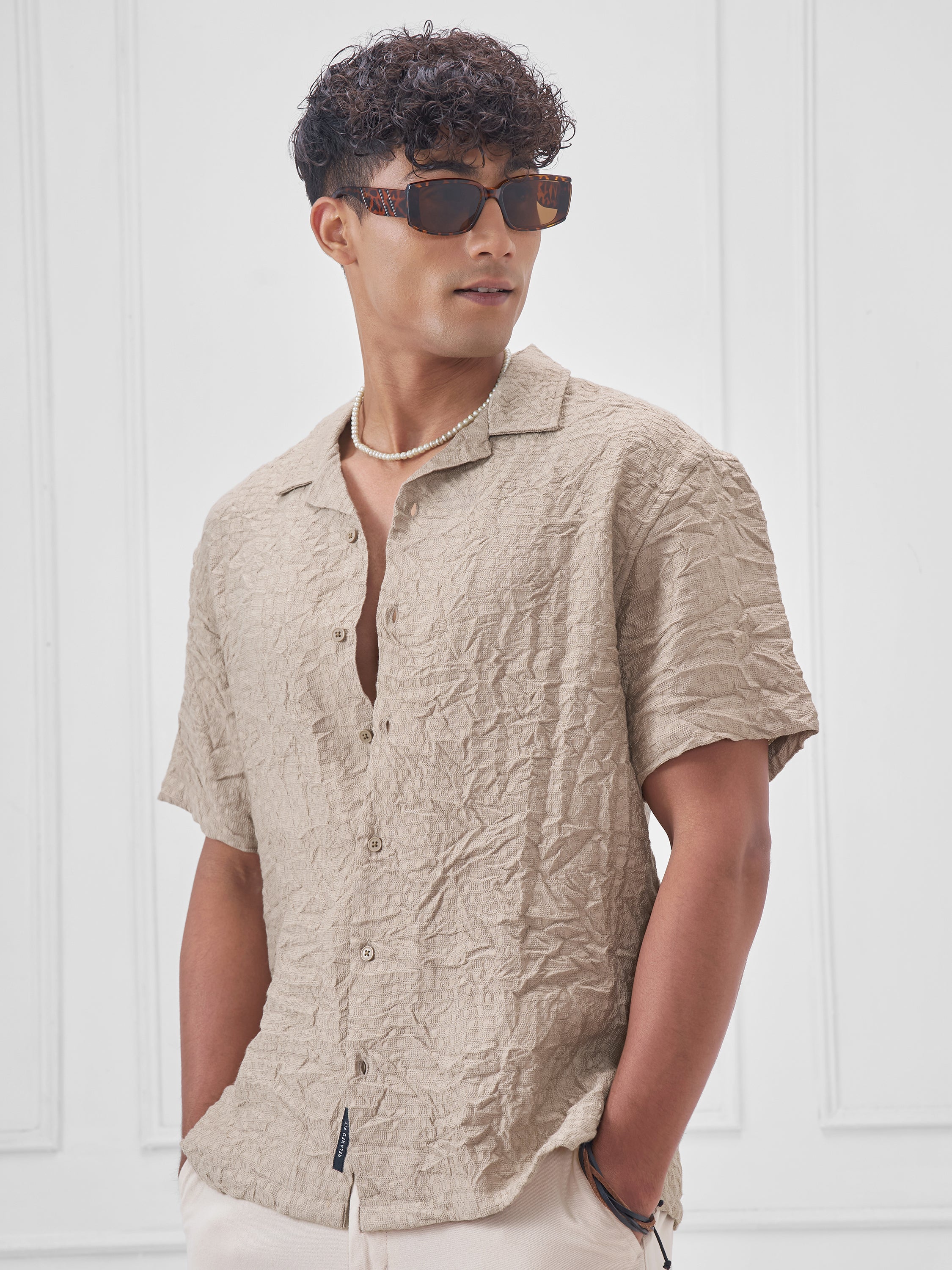 Locomotive Men Beige Crushed Relaxed Fit Casual Shirt - Beige - Image 4