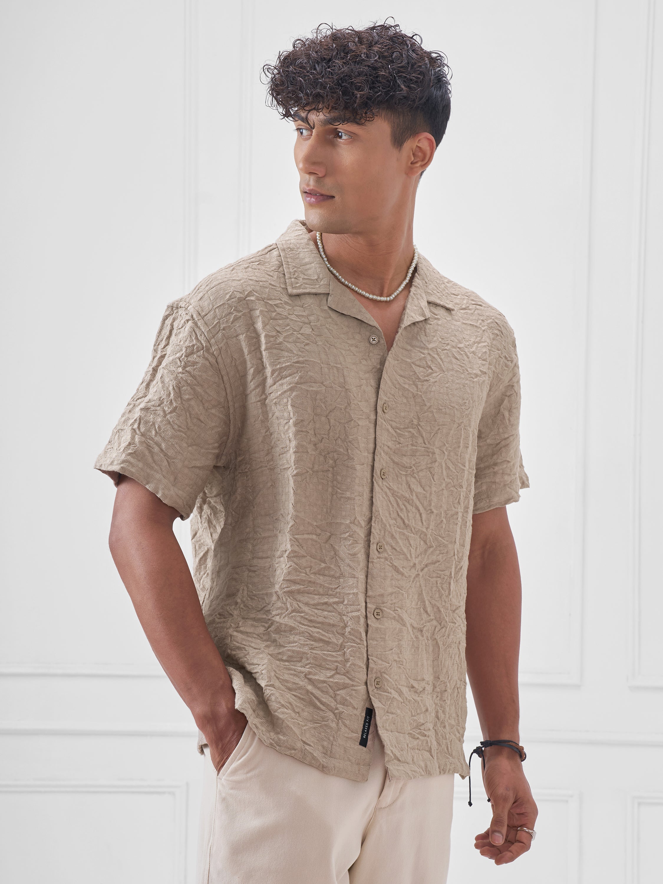 Locomotive Men Beige Crushed Relaxed Fit Casual Shirt - Beige - Image 6