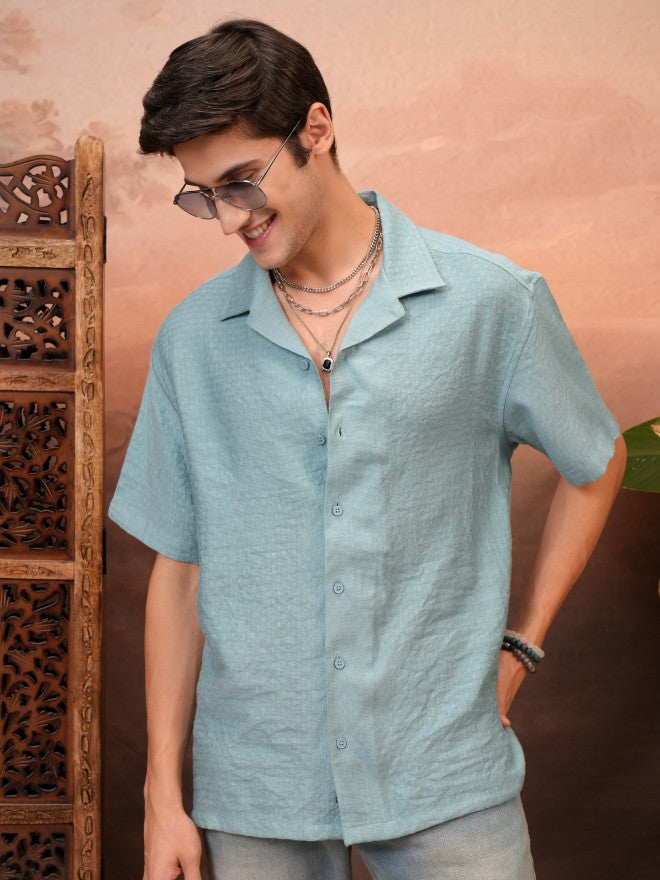 Locomotive Men Teal Self Design Relaxed Fit Casual Shirt - Teal - Image 1