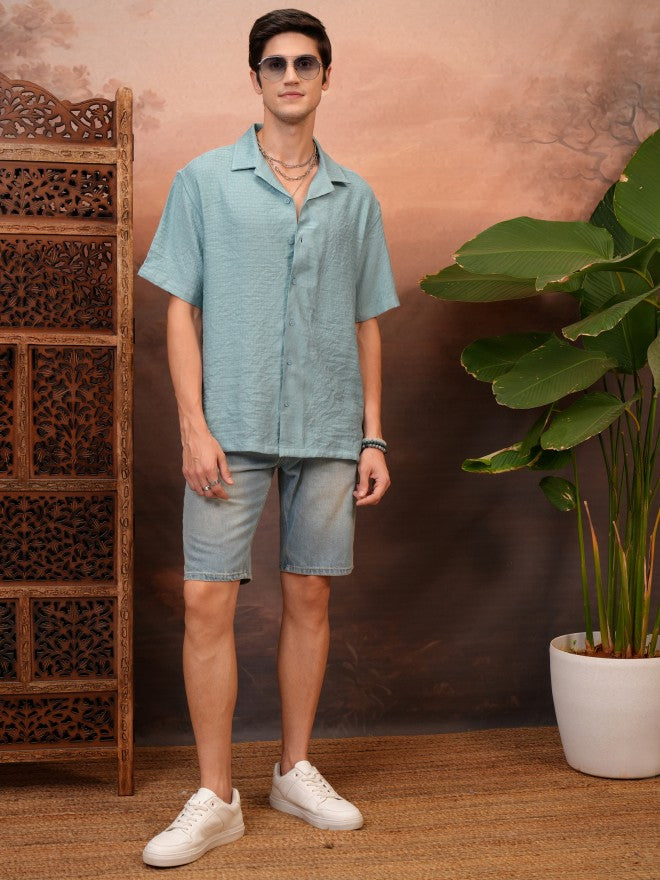 Locomotive Men Teal Self Design Relaxed Fit Casual Shirt - Teal - Image 2