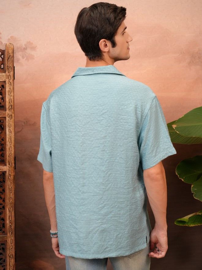 Locomotive Men Teal Self Design Relaxed Fit Casual Shirt - Teal - Image 3