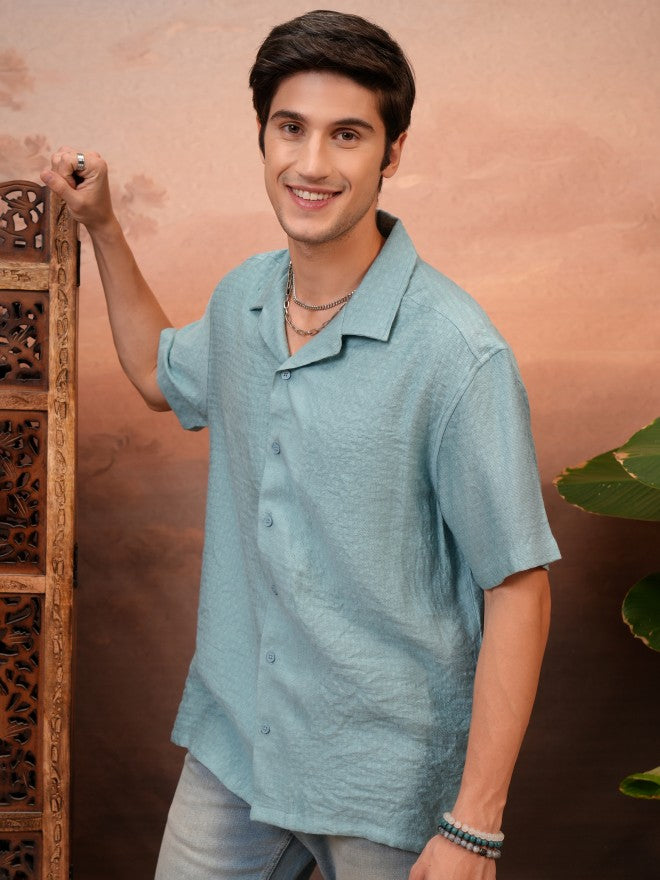 Locomotive Men Teal Self Design Relaxed Fit Casual Shirt - Teal - Image 4