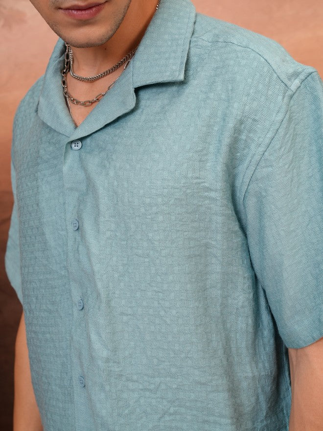 Locomotive Men Teal Self Design Relaxed Fit Casual Shirt - Teal - Image 5