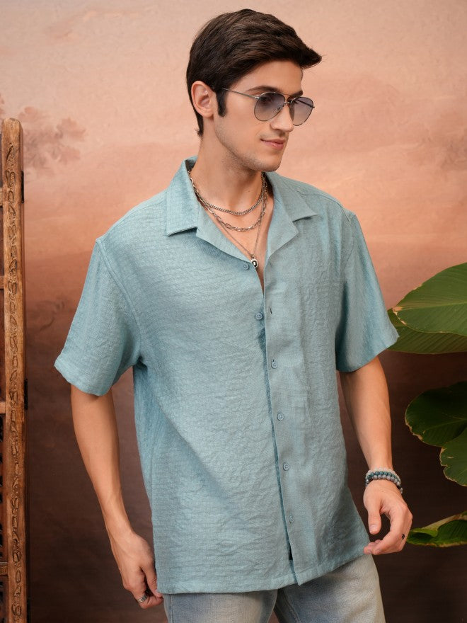 Locomotive Men Teal Self Design Relaxed Fit Casual Shirt - Teal - Image 6