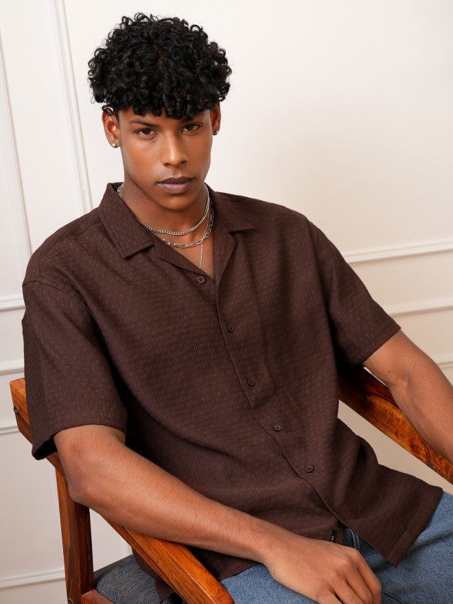 Locomotive Men Brown Self Design Regular Fit Casual Shirt - Brown - Image 1