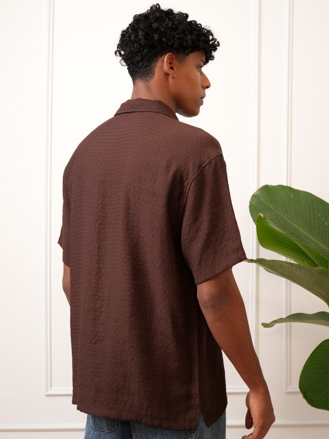 Locomotive Men Brown Self Design Regular Fit Casual Shirt - Brown - Image 3
