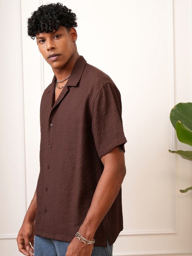 Locomotive Men Brown Self Design Regular Fit Casual Shirt - Brown - Image 4