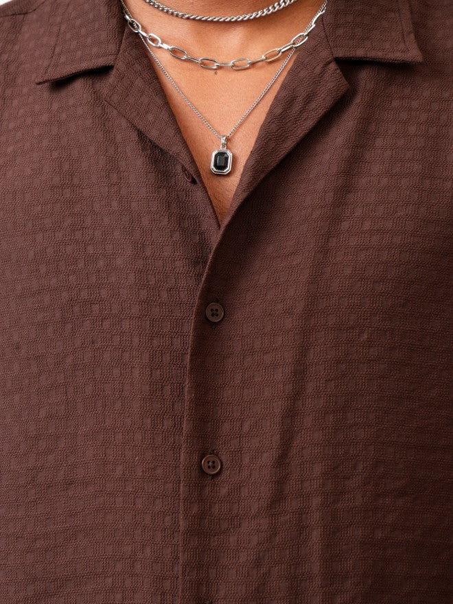 Locomotive Men Brown Self Design Regular Fit Casual Shirt - Brown - Image 5