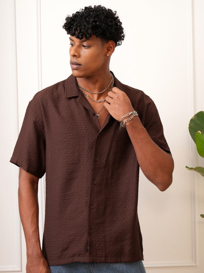 Locomotive Men Brown Self Design Regular Fit Casual Shirt - Brown - Image 6
