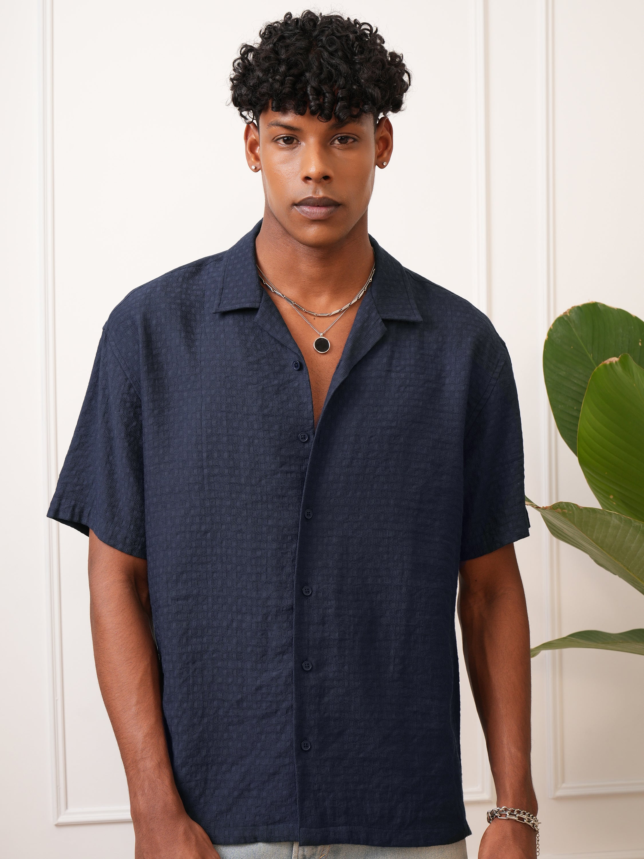 Locomotive Men Navy Blue Self Design Regular Fit Casual Shirt - Navy Blue - Image 1