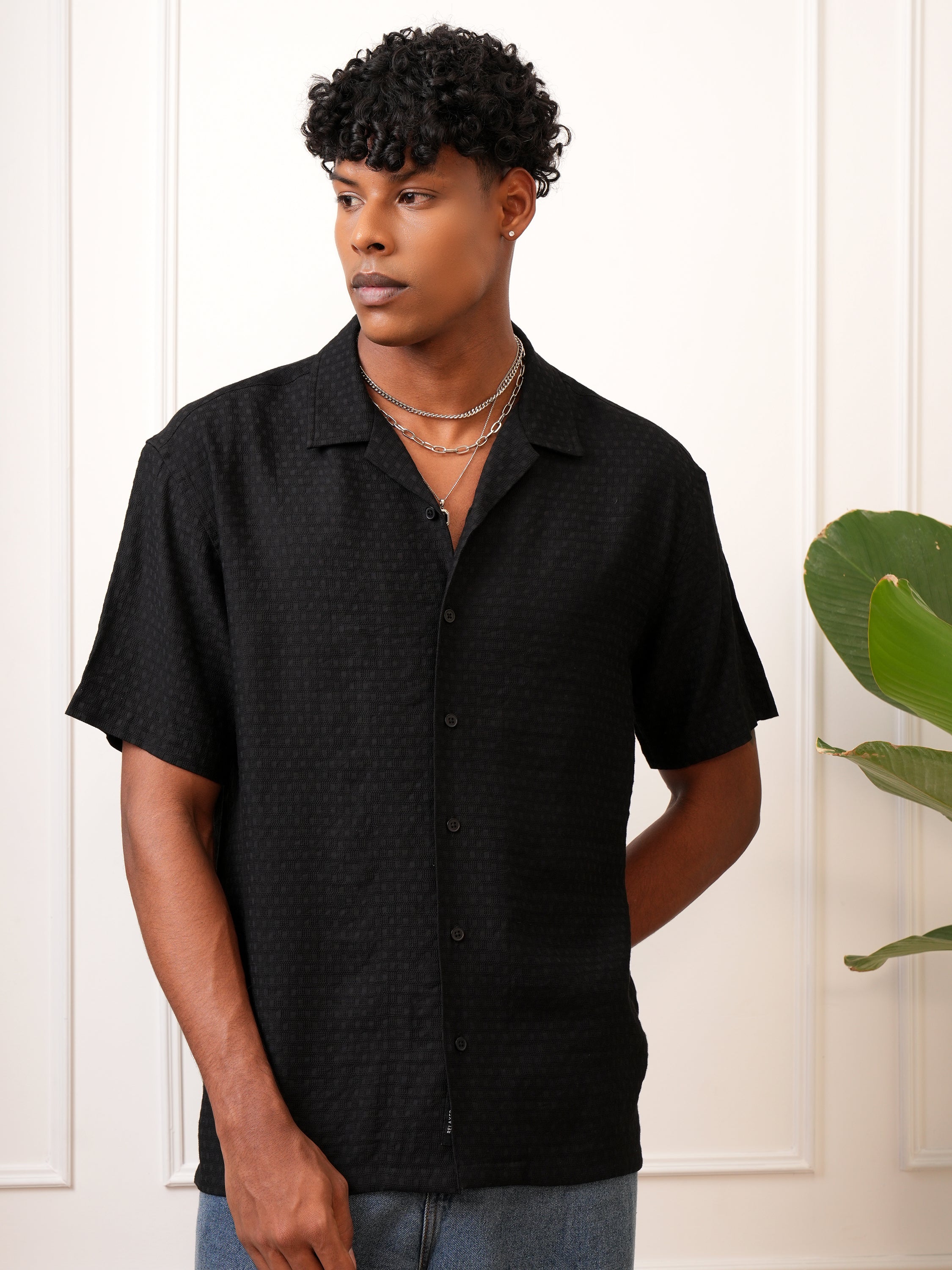 Locomotive Men Black Self Design Regular Fit Casual Shirt - Black - Image 1