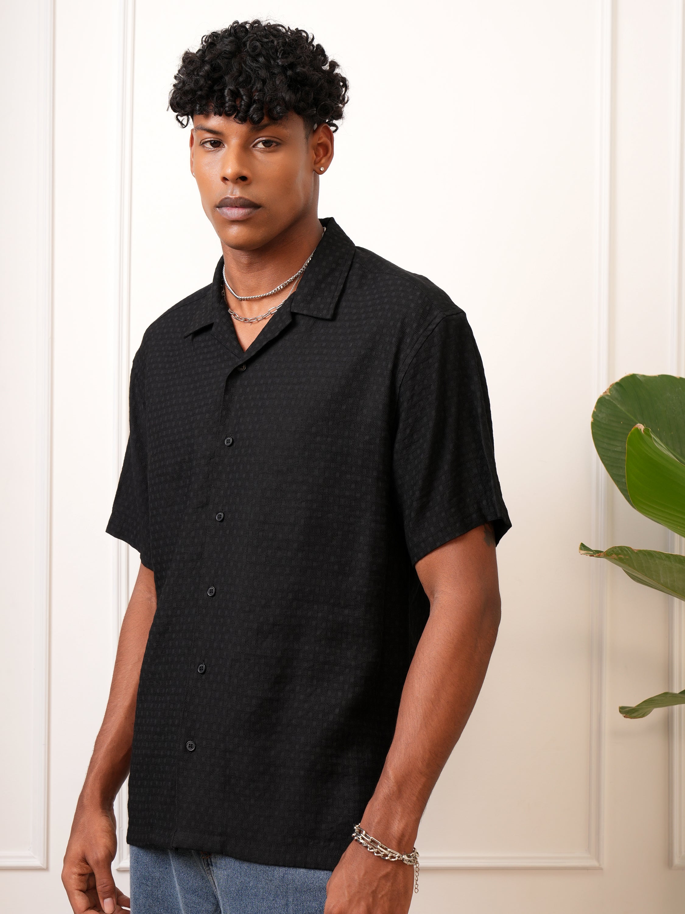 Locomotive Men Black Self Design Regular Fit Casual Shirt - Black - Image 4