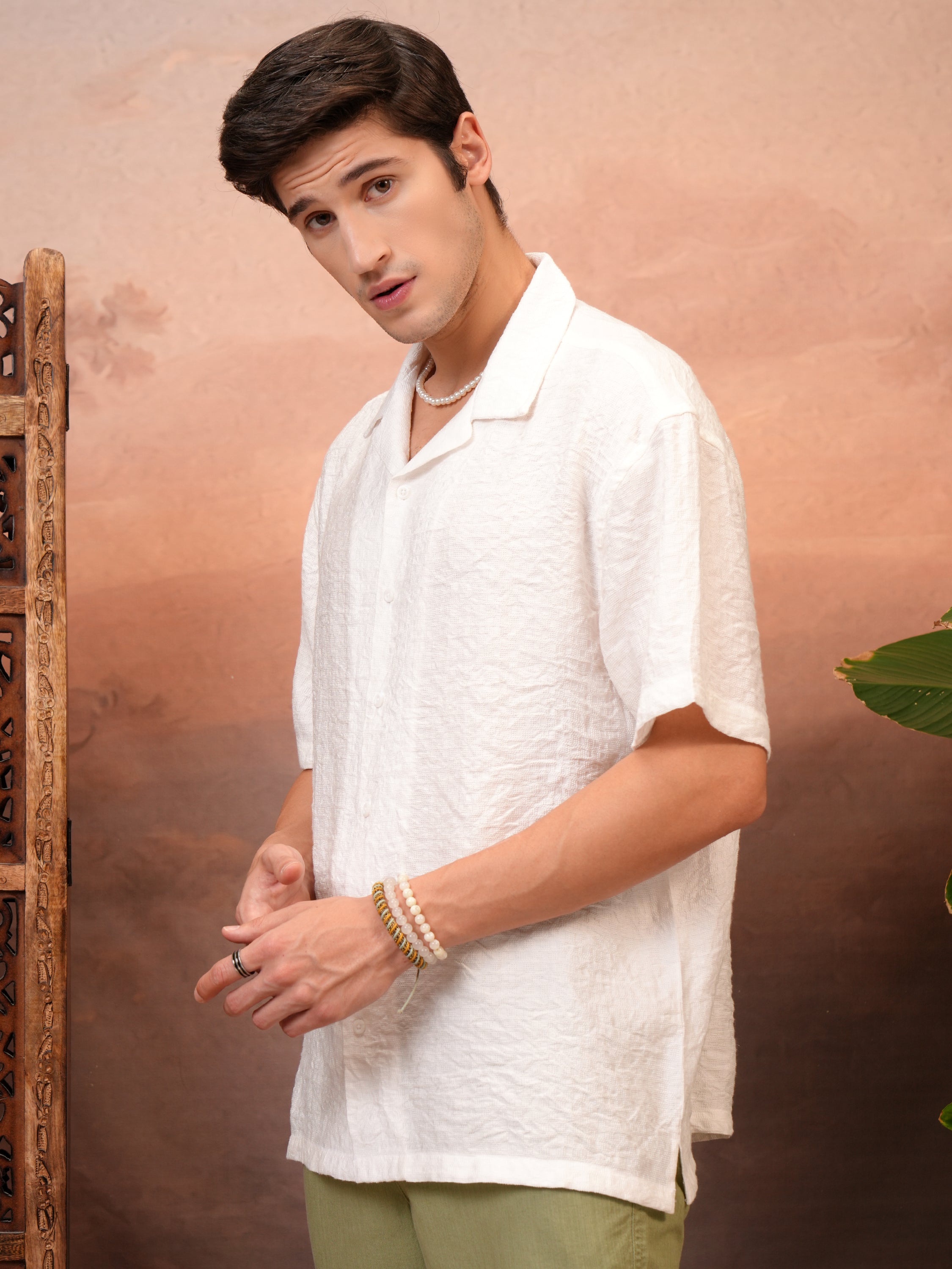 Locomotive Men White Self Design Regular Fit Casual Shirt - White - Image 4