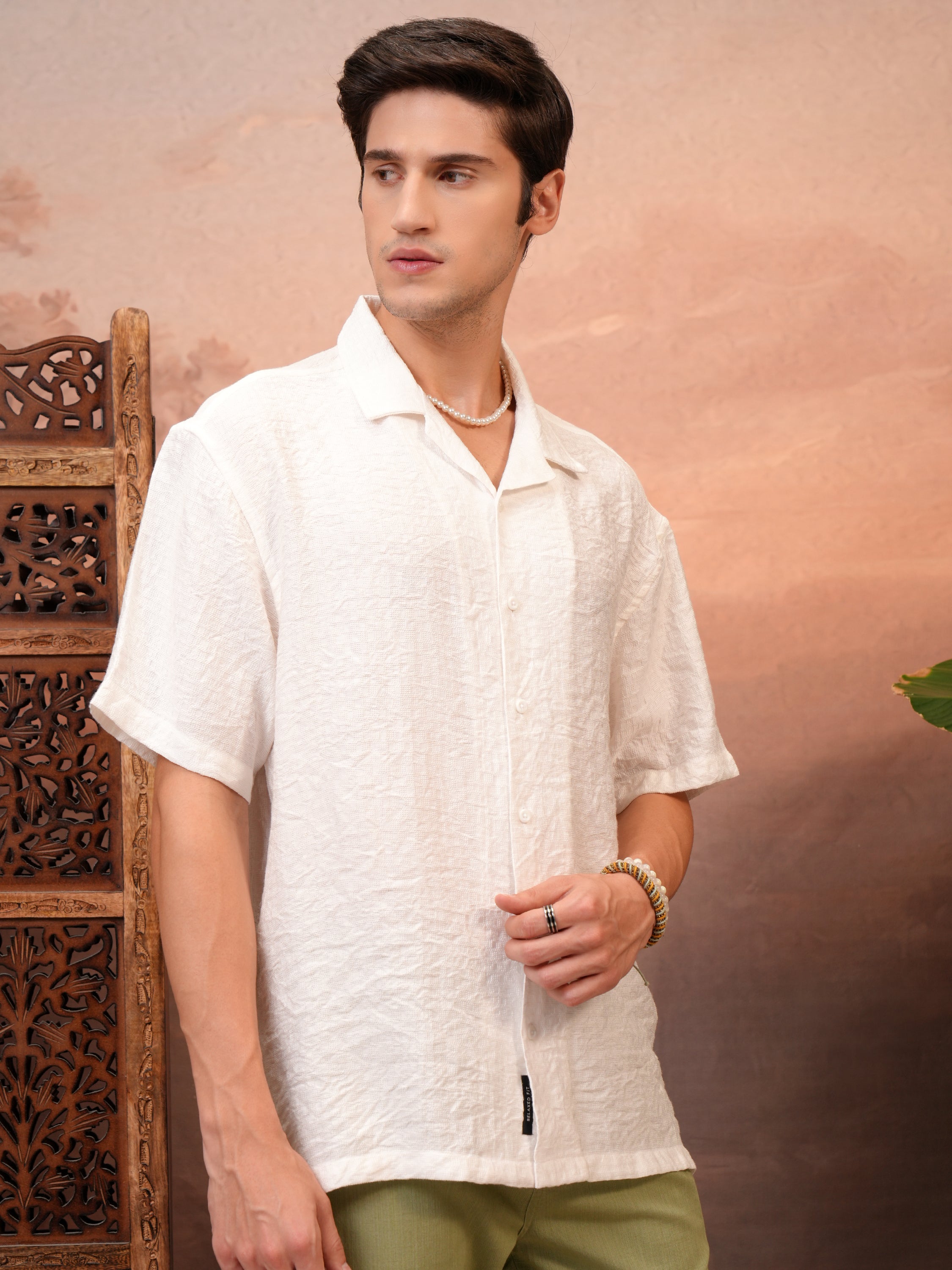 Locomotive Men White Self Design Regular Fit Casual Shirt - White - Image 6