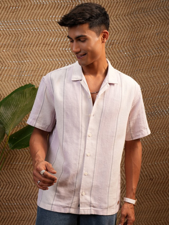 Locomotive Premium Men Pink Dobby Textured Cuban Collar Relaxed Shirt - Pink - Image 1