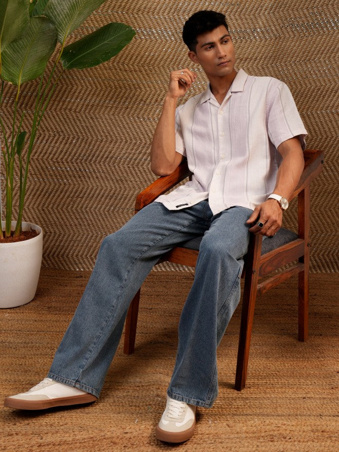 Locomotive Premium Men Pink Dobby Textured Cuban Collar Relaxed Shirt - Pink - Image 2