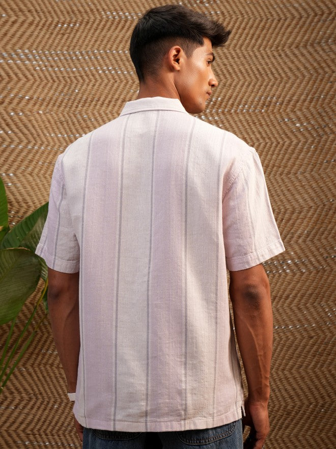 Locomotive Premium Men Pink Dobby Textured Cuban Collar Relaxed Shirt - Pink - Image 3