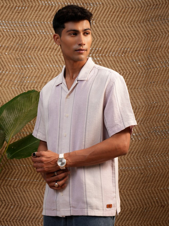 Locomotive Premium Men Pink Dobby Textured Cuban Collar Relaxed Shirt - Pink - Image 4