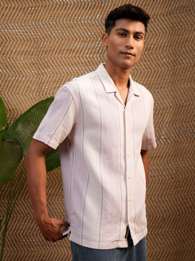 Locomotive Premium Men Pink Dobby Textured Cuban Collar Relaxed Shirt - Pink - Image 6