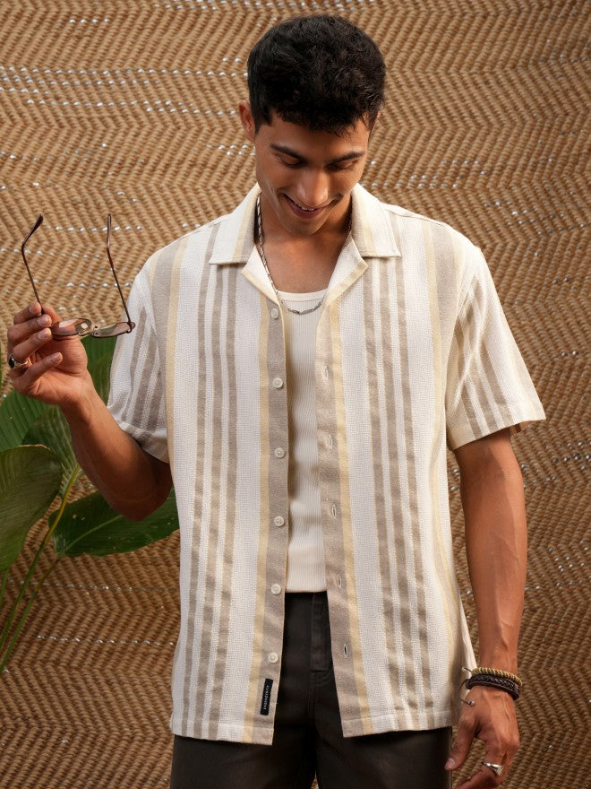 Locomotive Premium Men Mustard Dobby Textured Cuban Collar Relaxed Shirt - Mustard - Image 1