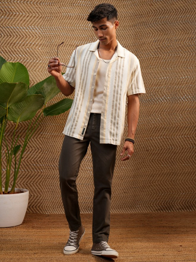 Locomotive Premium Men Mustard Dobby Textured Cuban Collar Relaxed Shirt - Mustard - Image 2