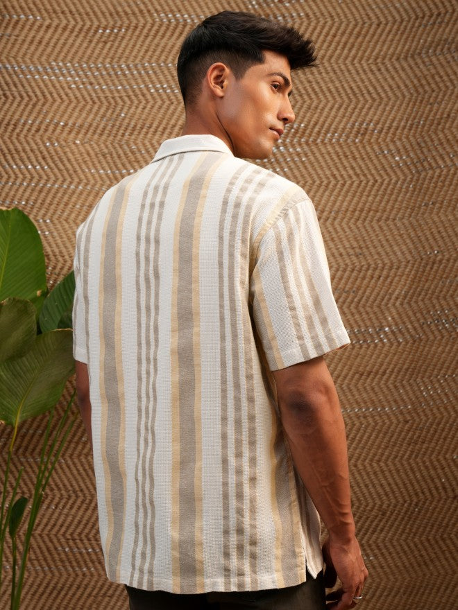 Locomotive Premium Men Mustard Dobby Textured Cuban Collar Relaxed Shirt - Mustard - Image 3