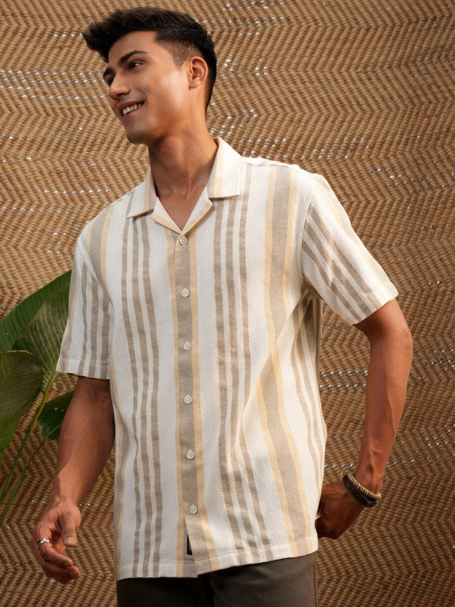 Locomotive Premium Men Mustard Dobby Textured Cuban Collar Relaxed Shirt - Mustard - Image 4