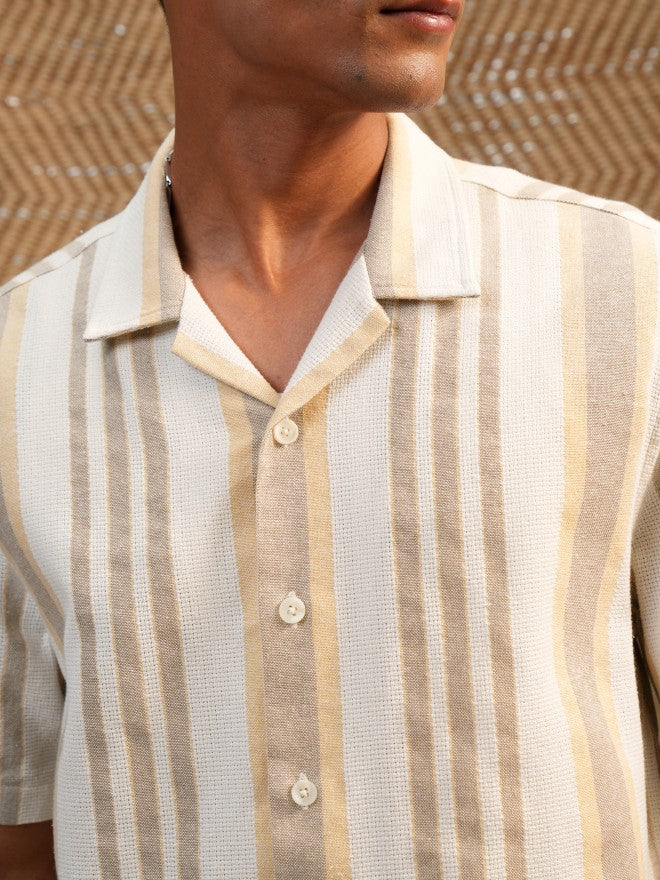 Locomotive Premium Men Mustard Dobby Textured Cuban Collar Relaxed Shirt - Mustard - Image 5