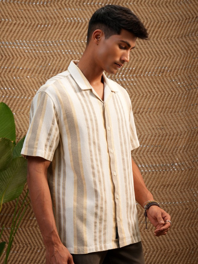 Locomotive Premium Men Mustard Dobby Textured Cuban Collar Relaxed Shirt - Mustard - Image 6