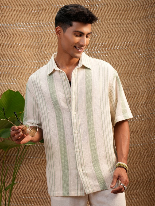 Locomotive Premium Men Green Mocklino Dobby Striped Oversized Shirt - Green - Image 1