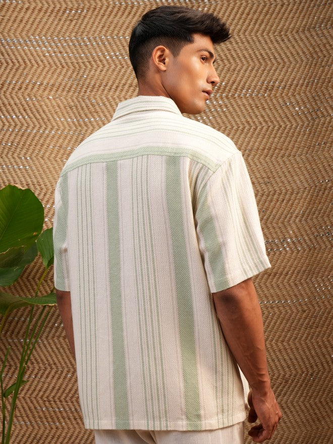 Locomotive Premium Men Green Mocklino Dobby Striped Oversized Shirt - Green - Image 3