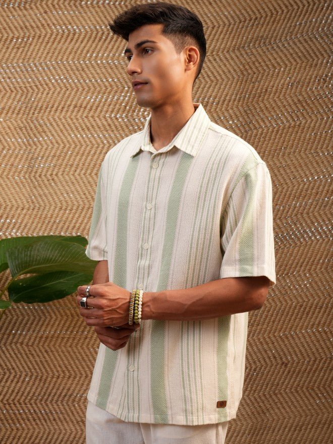 Locomotive Premium Men Green Mocklino Dobby Striped Oversized Shirt - Green - Image 4