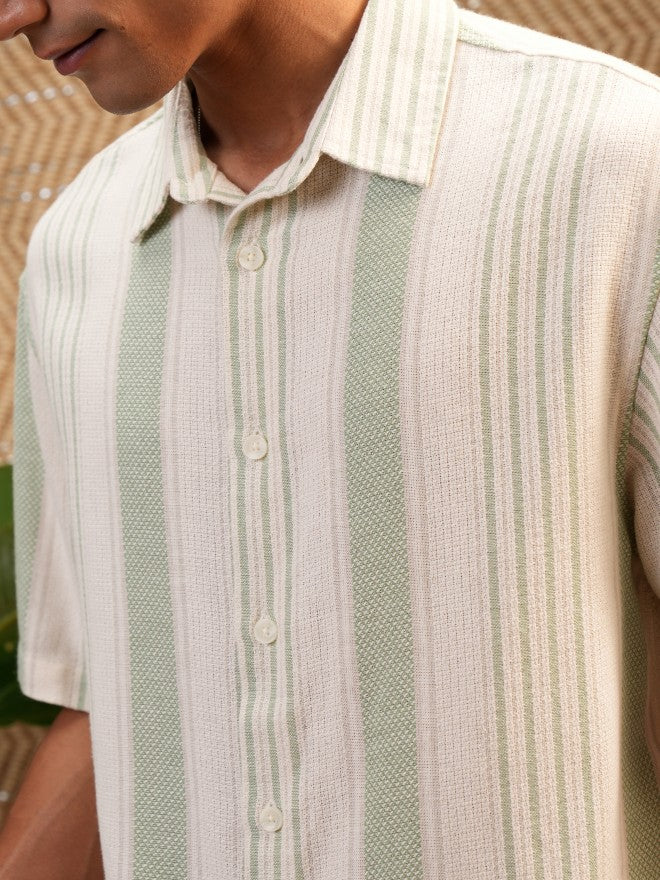 Locomotive Premium Men Green Mocklino Dobby Striped Oversized Shirt - Green - Image 5