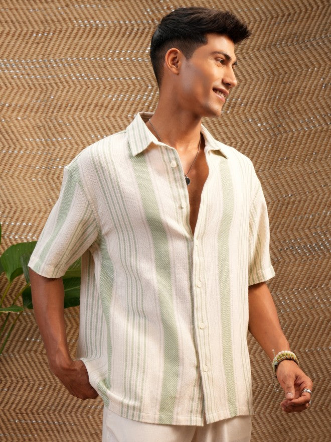 Locomotive Premium Men Green Mocklino Dobby Striped Oversized Shirt - Green - Image 6