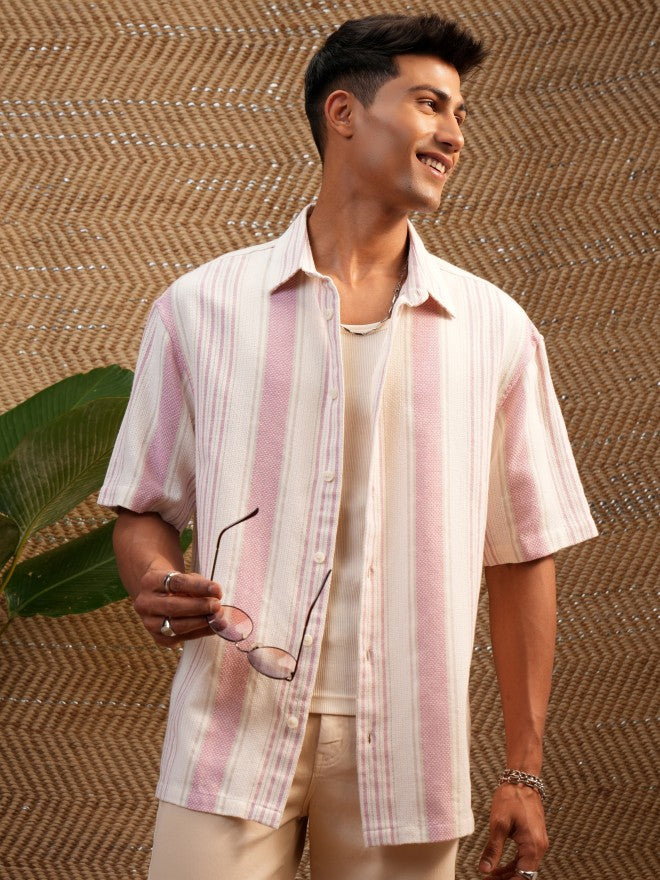 Locomotive Premium Men Pink Mocklino Dobby Striped Oversized Shirt - Pink - Image 1